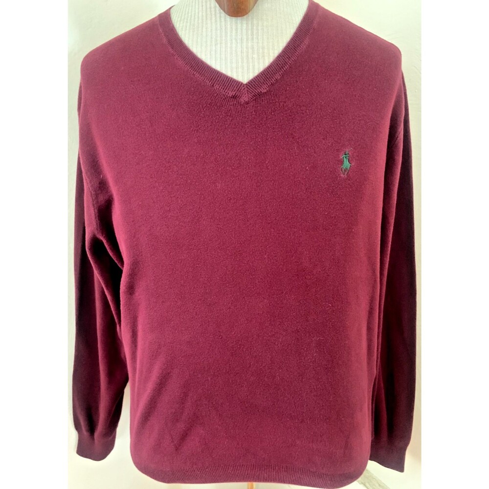 POLO RALPH LAUREN Sweater Mens Size XL V-Neck Pullover L/S Burgundy Pima Cotton